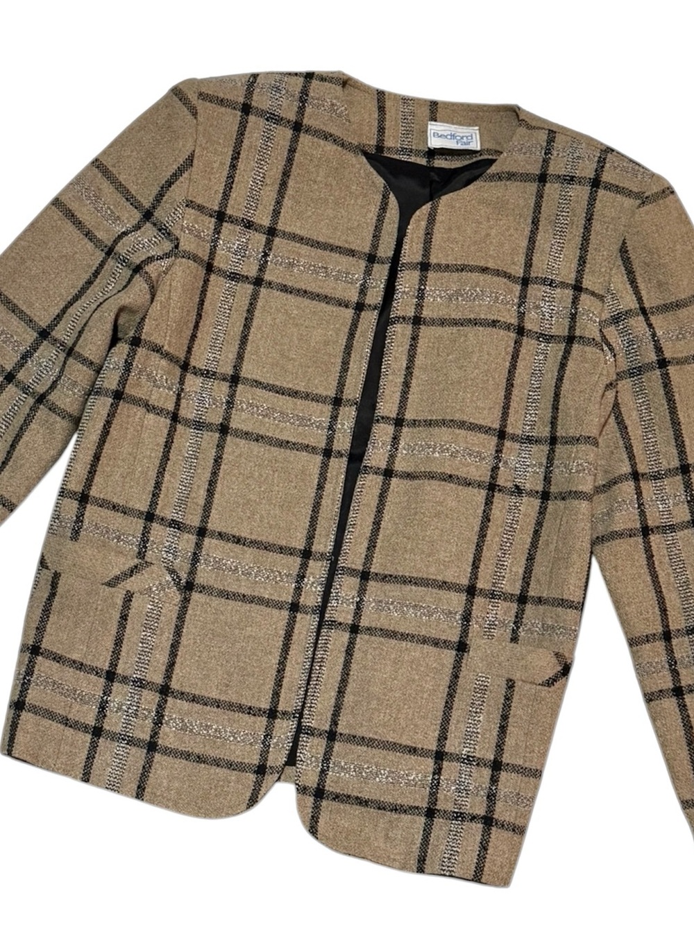 Bedford Fair Woman Vintage Plaid Coat Jacket beige/black/silver